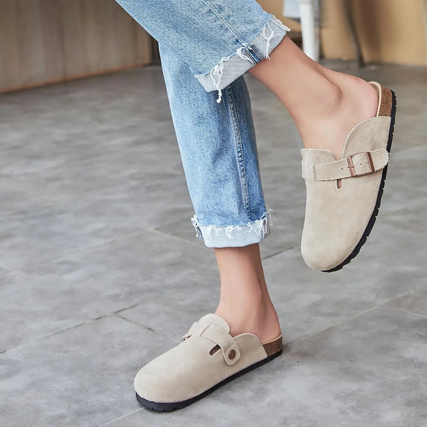 Dumalum Women's Suede Clog Leather Mules Arch Support Potato Shoes with Comfort Cork Footbed - Clogs for Women Men Unisex Antislip Slippers Sandals