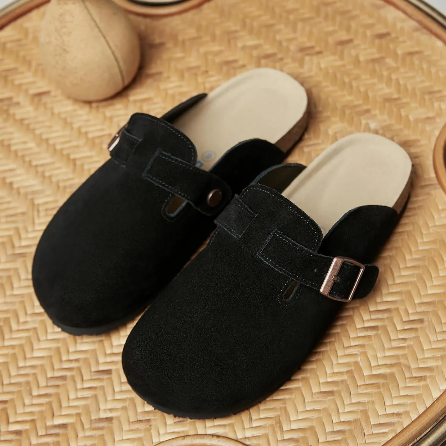 Dumalum Women's Suede Clog Leather Mules Arch Support Potato Shoes with Comfort Cork Footbed - Clogs for Women Men Unisex Antislip Slippers Sandals
