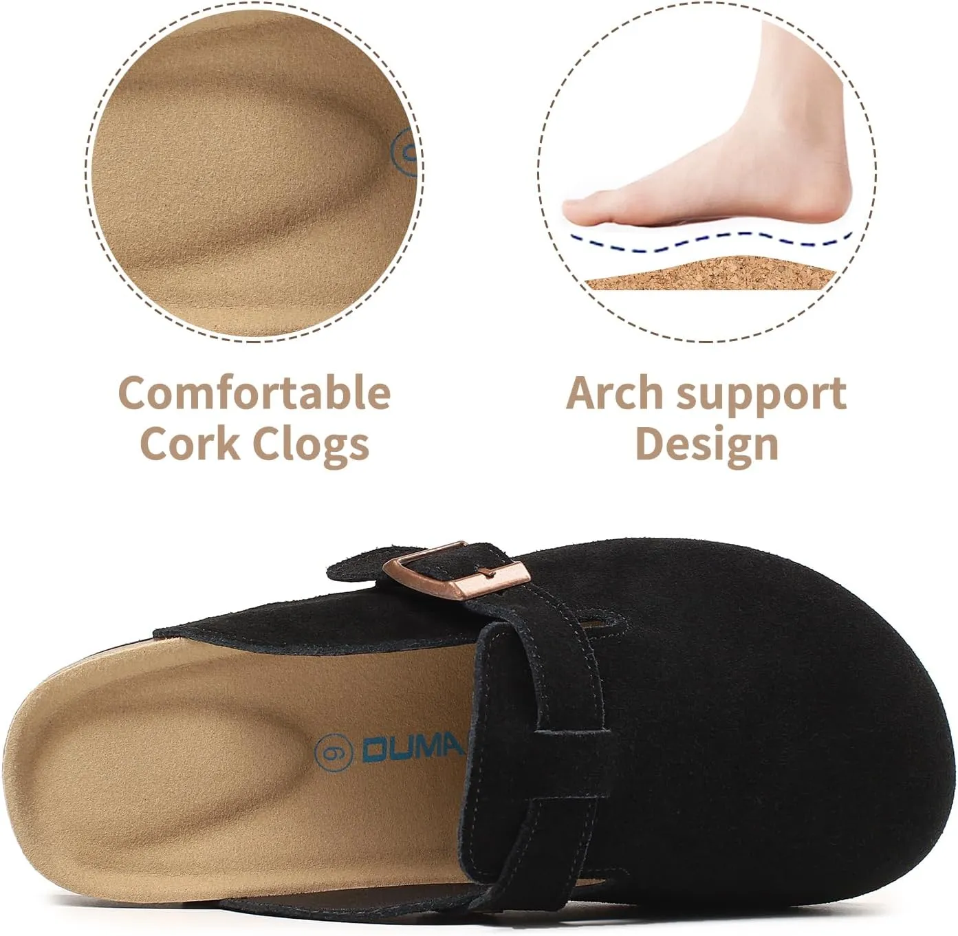 Dumalum Women's Suede Clog Leather Mules Arch Support Potato Shoes with Comfort Cork Footbed - Clogs for Women Men Unisex Antislip Slippers Sandals