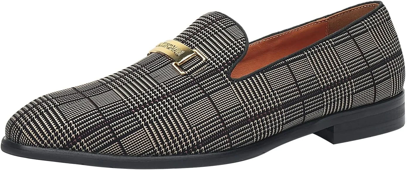 ELANROMAN Men's Gold Buckle Loafers Fashion Pull-on Penny Party Wedding Shoes
