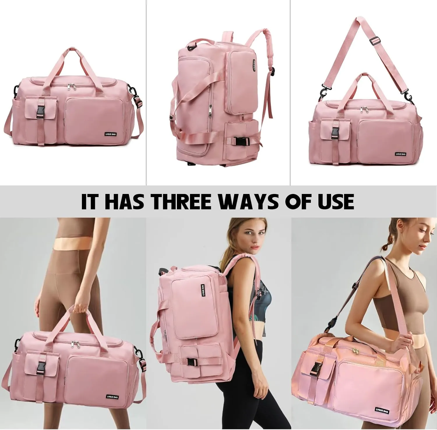 Eslcorri Gym Duffle Bag for Women Men, Sports Backpack with Wet & Shoe Compartment, Fitness Overnight Weekender Bag for Yoga, Swim, Travel (Style B, GreenPink)
