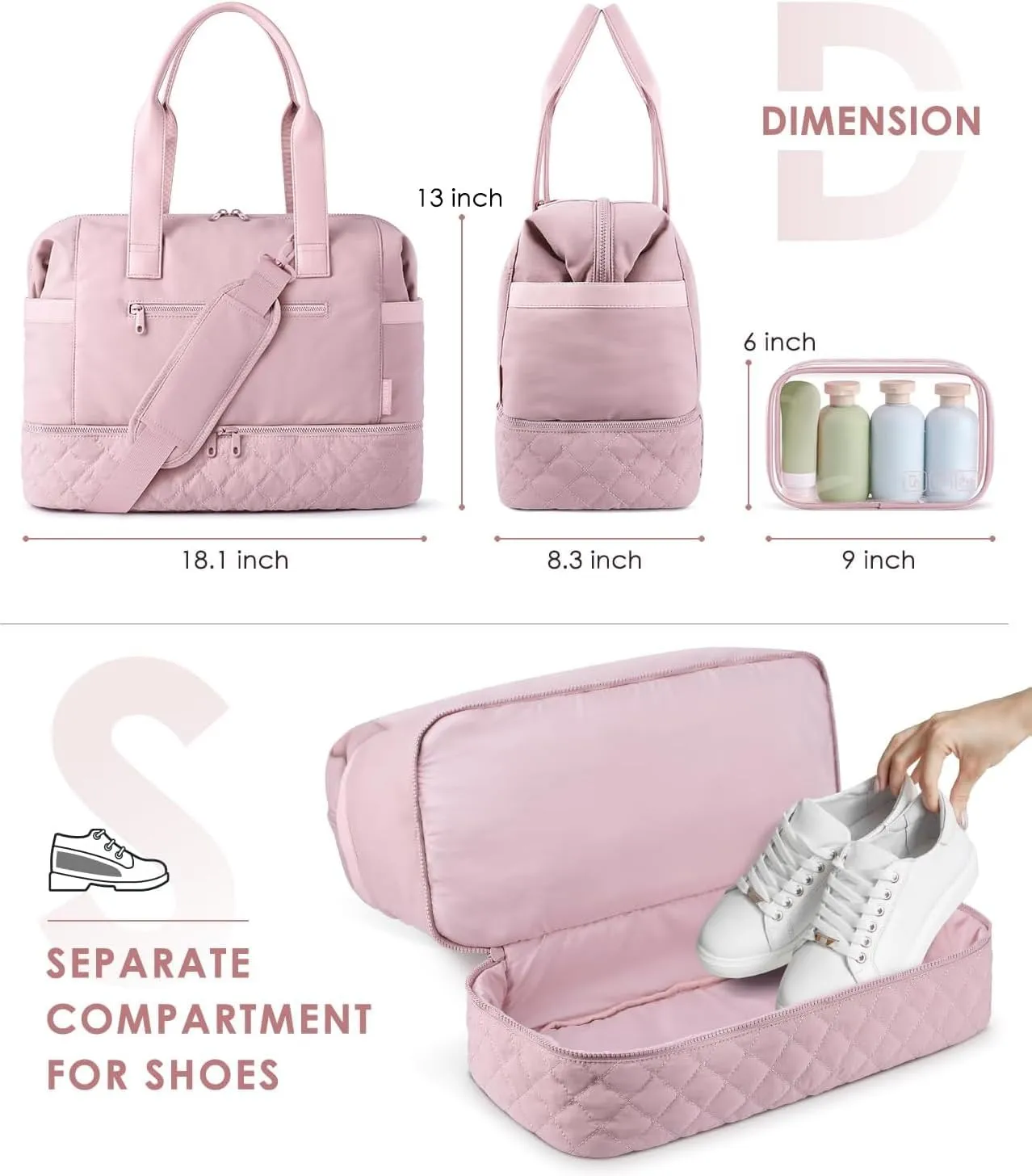 ETRONIK Weekender Bags for Women Travel, Personal Item Travel Bag with Shoe Compartment, Carry On Overnight Bag with Wet Pocket, Gym Duffel Bag for Travel, Sports, Weekend, Hospital Pink