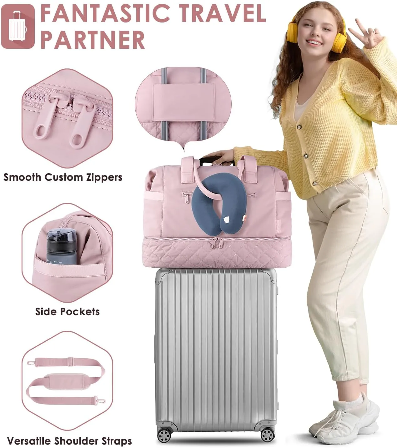 ETRONIK Weekender Bags for Women Travel, Personal Item Travel Bag with Shoe Compartment, Carry On Overnight Bag with Wet Pocket, Gym Duffel Bag for Travel, Sports, Weekend, Hospital Pink