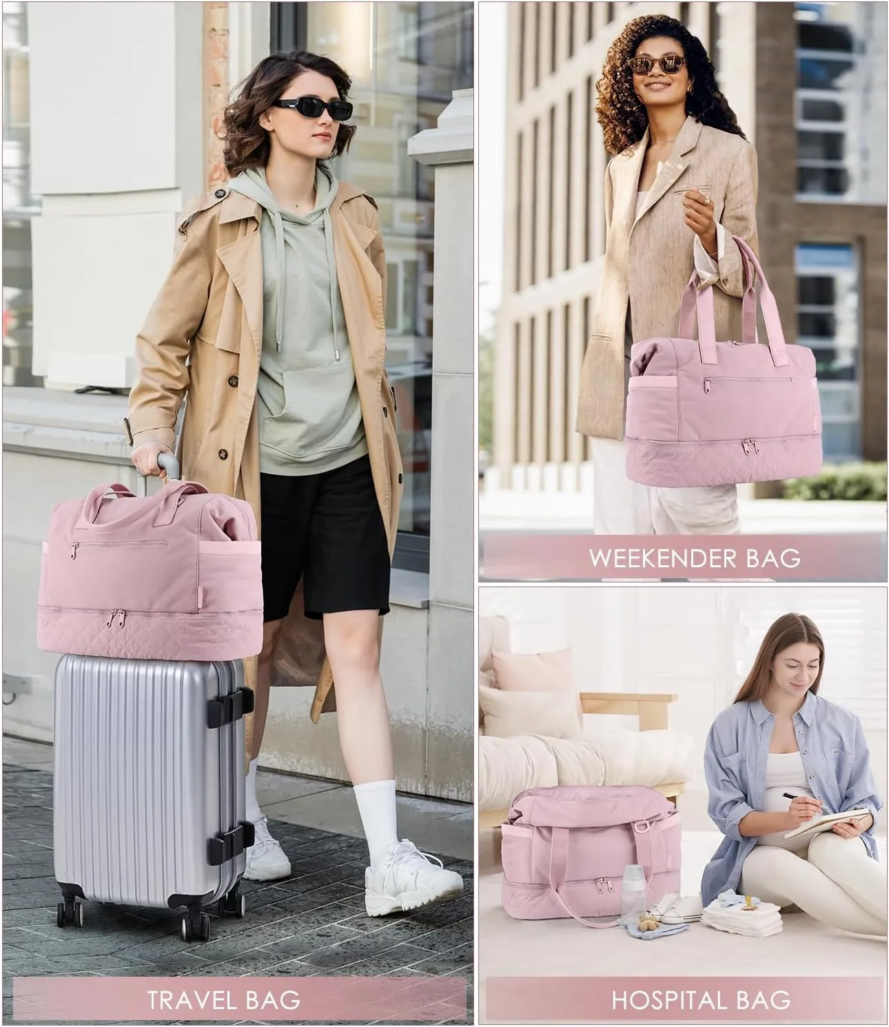 ETRONIK Weekender Bags for Women Travel, Personal Item Travel Bag with Shoe Compartment, Carry On Overnight Bag with Wet Pocket, Gym Duffel Bag for Travel, Sports, Weekend, Hospital Pink