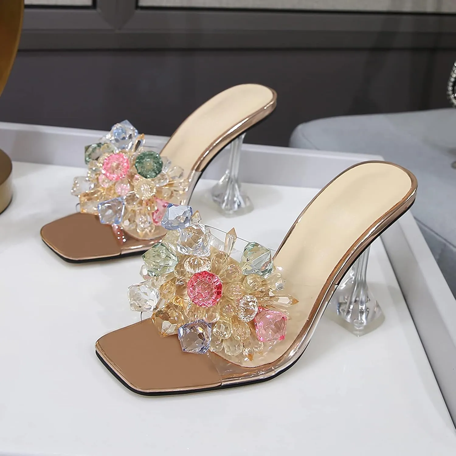 fereshte Women's Crystal Flower Heels Square Toe Heeled Mule Stiletto Dress Party Wedding Sandals
