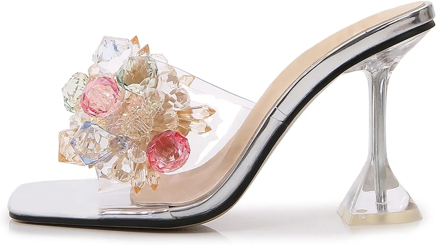 fereshte Women's Crystal Flower Heels Square Toe Heeled Mule Stiletto Dress Party Wedding Sandals