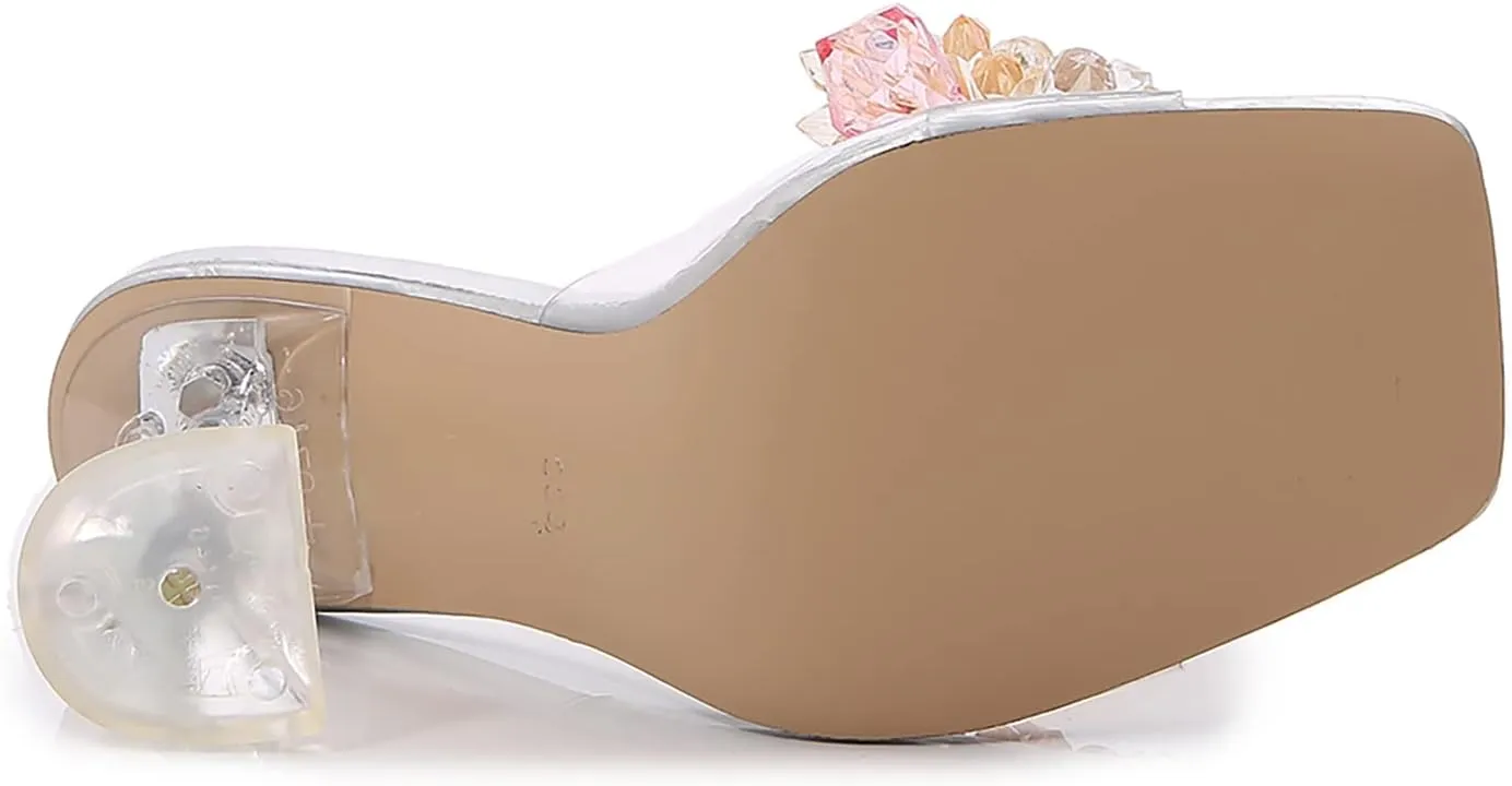 fereshte Women's Crystal Flower Heels Square Toe Heeled Mule Stiletto Dress Party Wedding Sandals