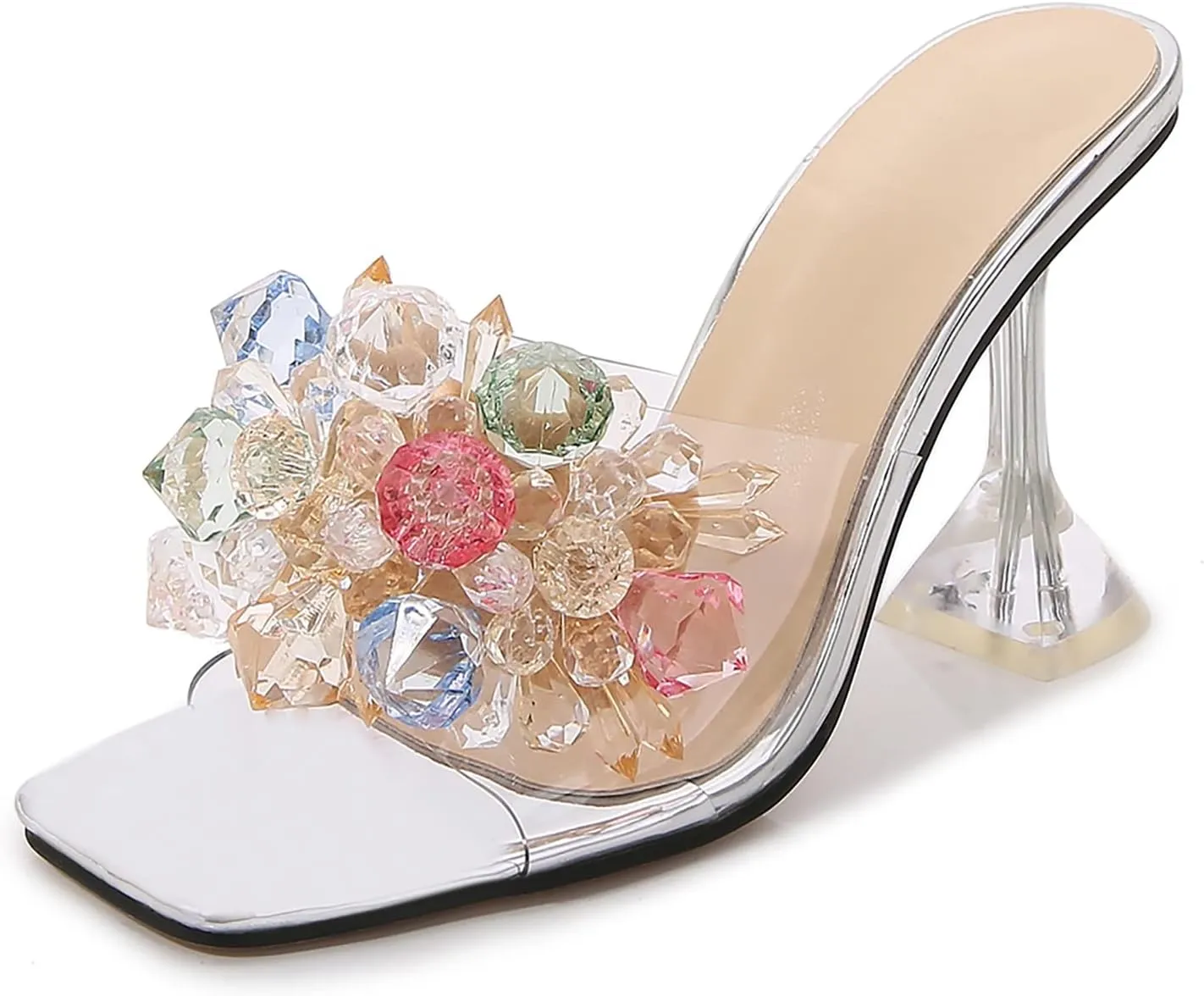 fereshte Women's Crystal Flower Heels Square Toe Heeled Mule Stiletto Dress Party Wedding Sandals