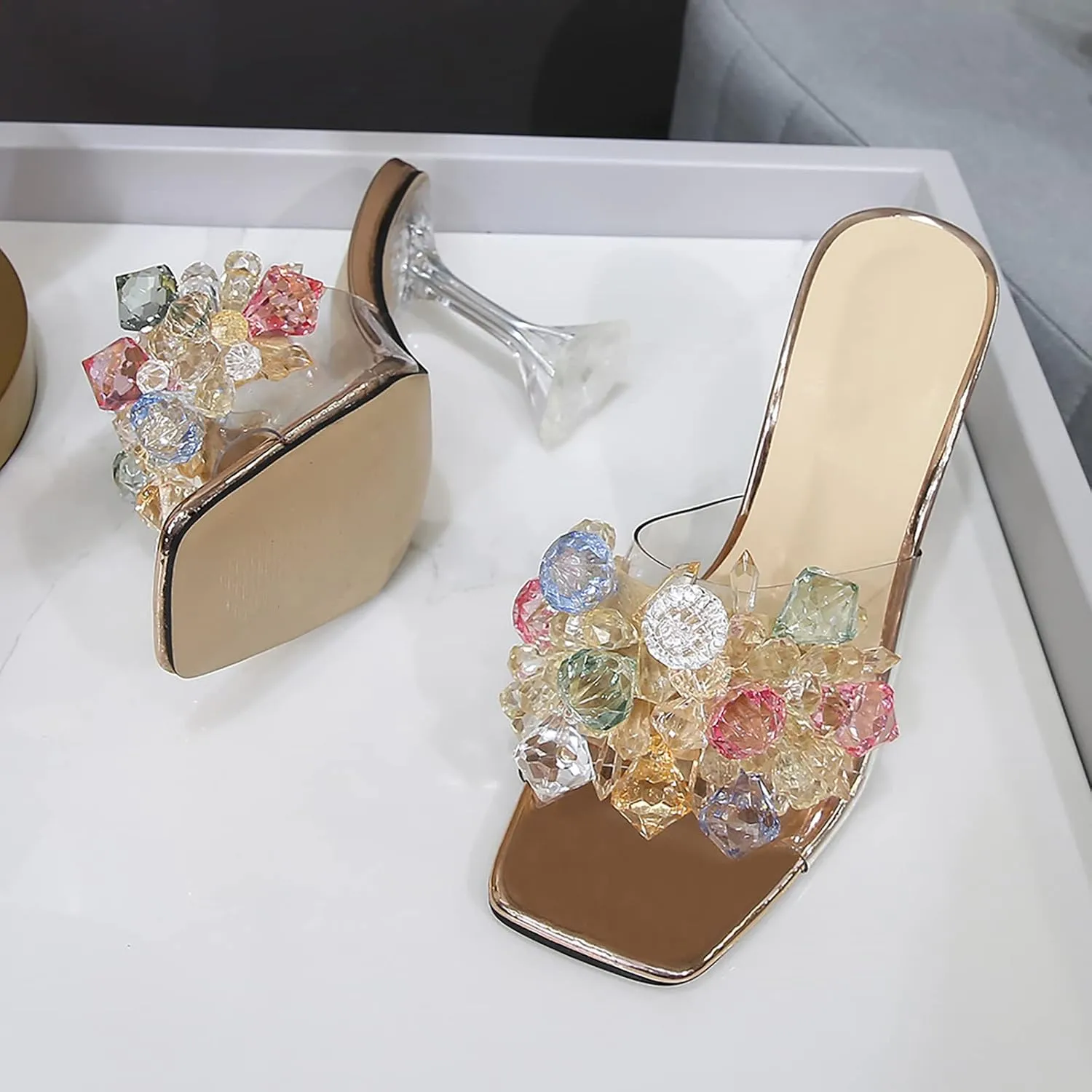 fereshte Women's Crystal Flower Heels Square Toe Heeled Mule Stiletto Dress Party Wedding Sandals