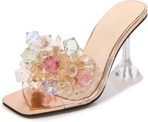 fereshte Women's Crystal Flower Heels Square Toe Heeled Mule Stiletto Dress Party Wedding Sandals