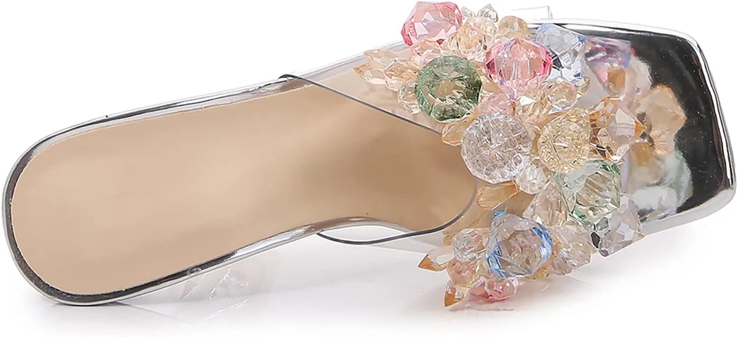 fereshte Women's Crystal Flower Heels Square Toe Heeled Mule Stiletto Dress Party Wedding Sandals