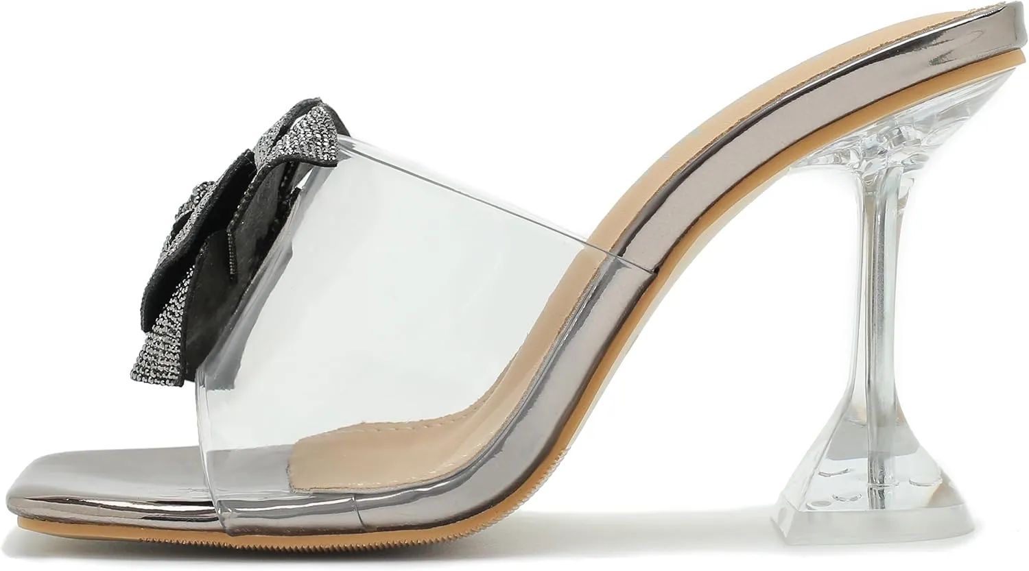 fereshte Women's Crystal Flower Heels Square Toe Heeled Mule Stiletto Dress Party Wedding Sandals