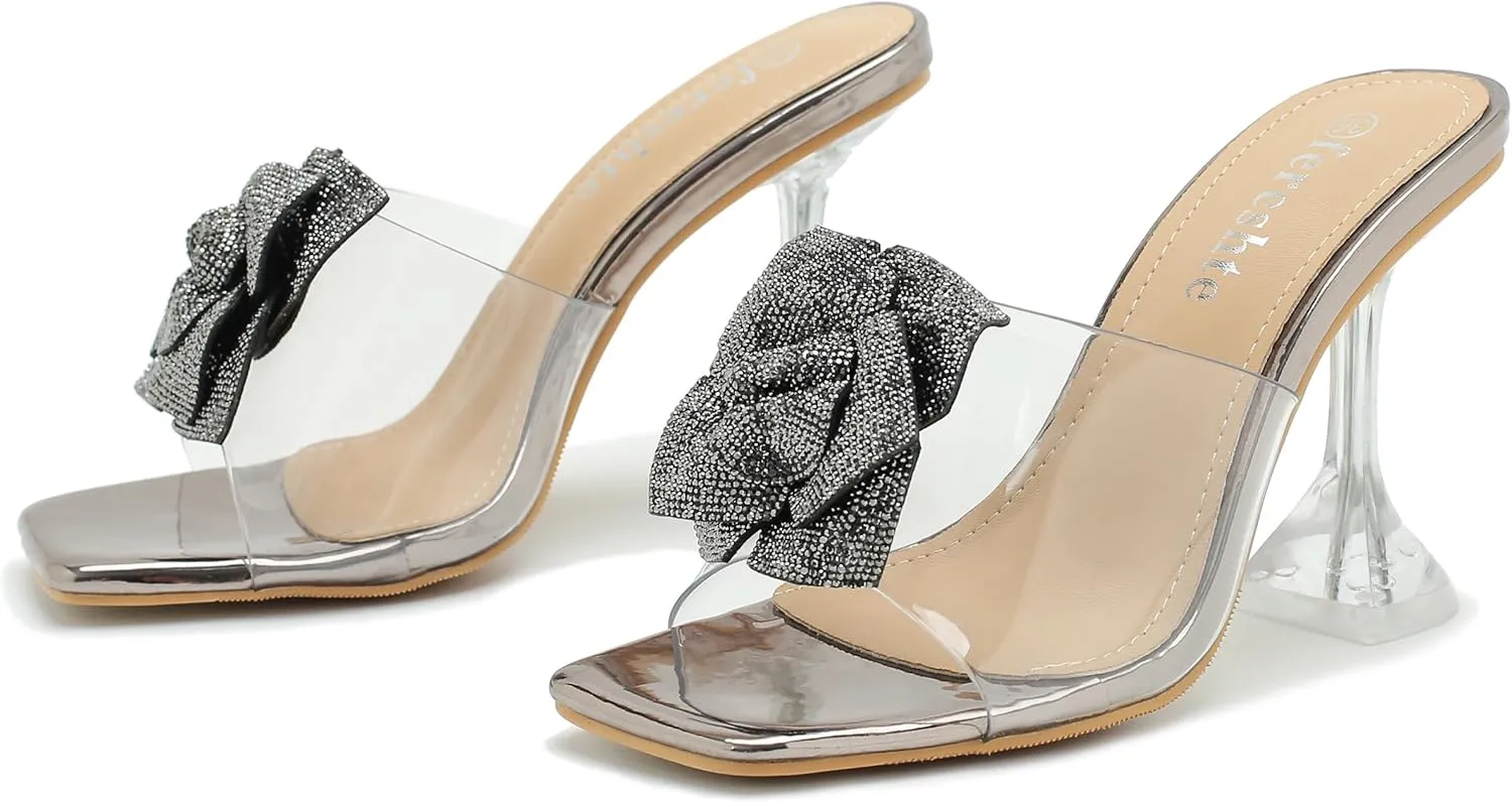 fereshte Women's Crystal Flower Heels Square Toe Heeled Mule Stiletto Dress Party Wedding Sandals