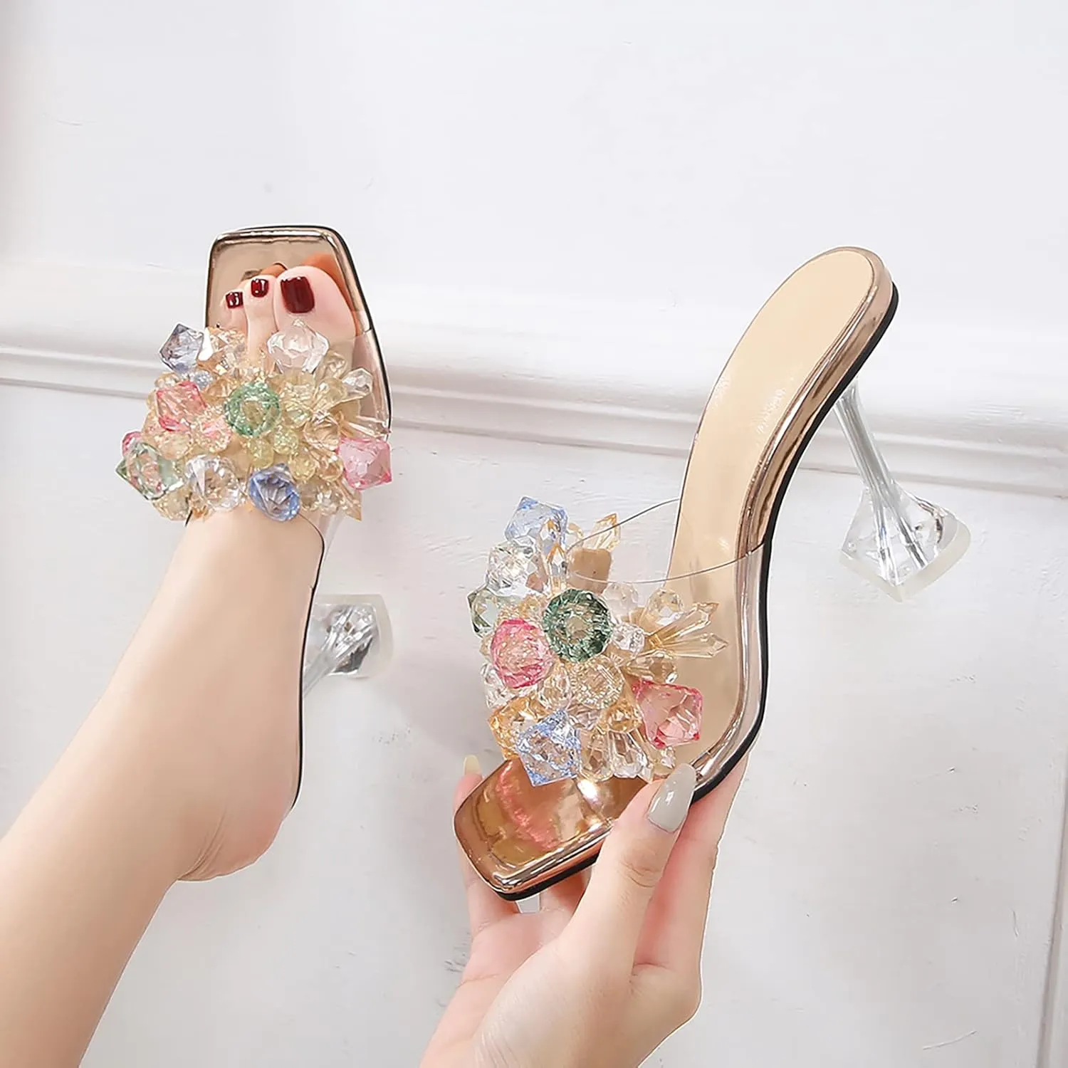 fereshte Women's Crystal Flower Heels Square Toe Heeled Mule Stiletto Dress Party Wedding Sandals