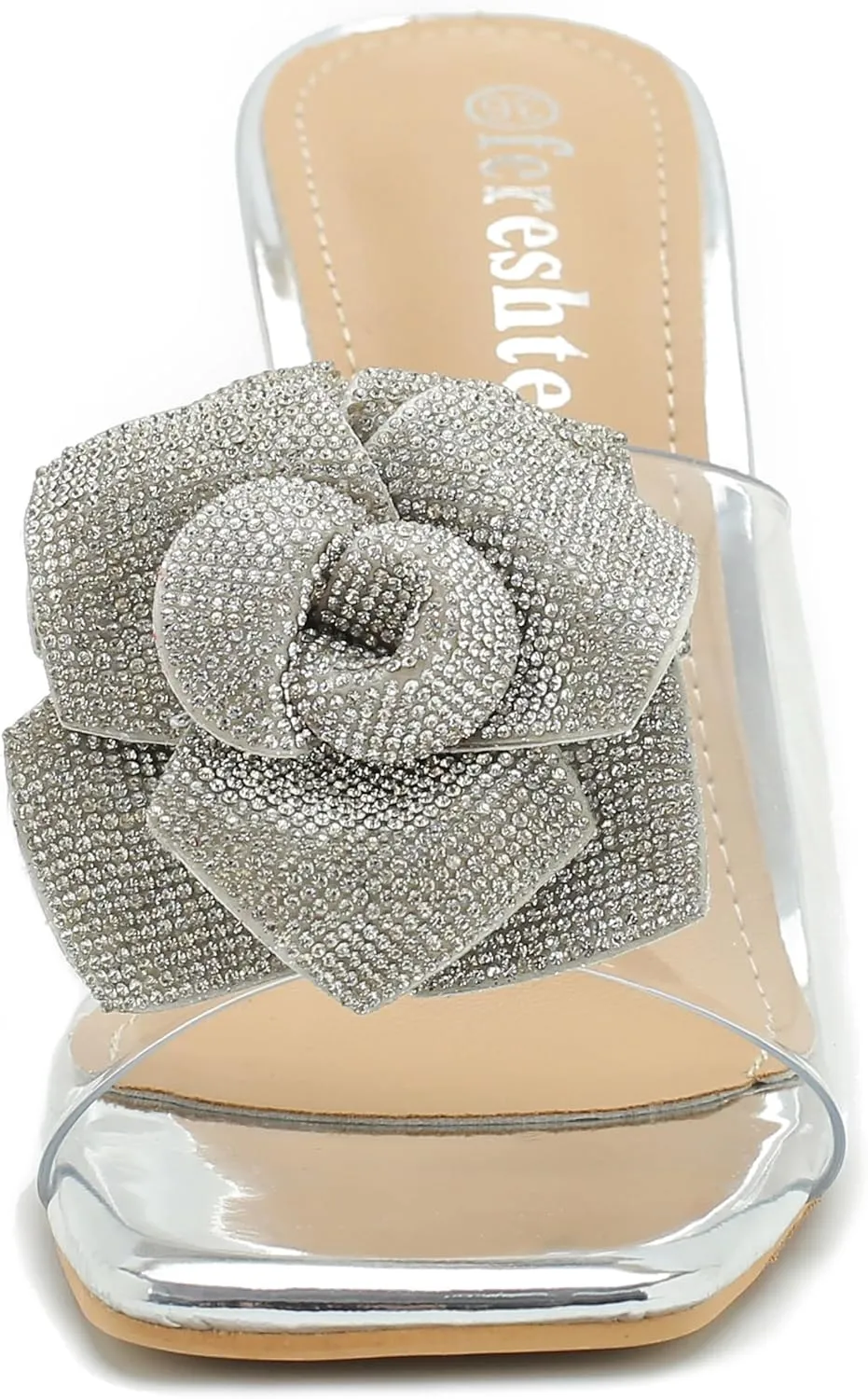 fereshte Women's Crystal Flower Heels Square Toe Heeled Mule Stiletto Dress Party Wedding Sandals
