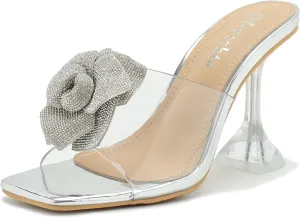 fereshte Women's Crystal Flower Heels Square Toe Heeled Mule Stiletto Dress Party Wedding Sandals