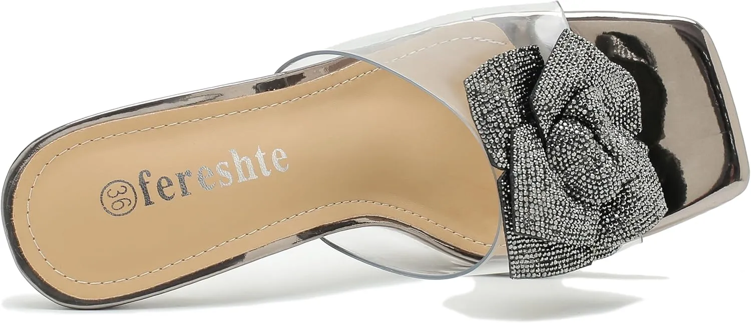 fereshte Women's Crystal Flower Heels Square Toe Heeled Mule Stiletto Dress Party Wedding Sandals