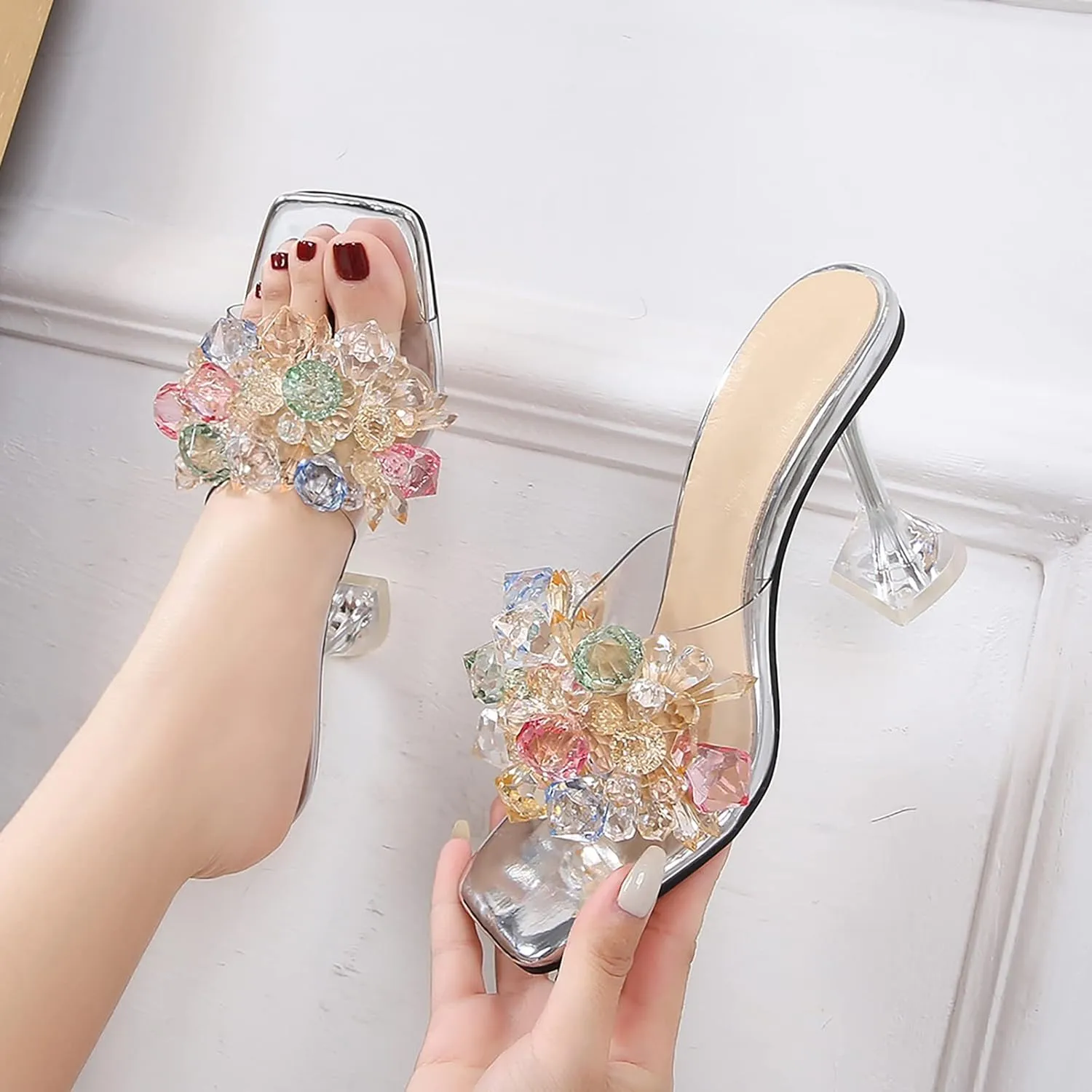 fereshte Women's Crystal Flower Heels Square Toe Heeled Mule Stiletto Dress Party Wedding Sandals