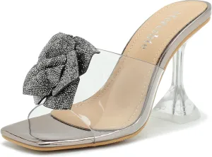fereshte Women's Crystal Flower Heels Square Toe Heeled Mule Stiletto Dress Party Wedding Sandals