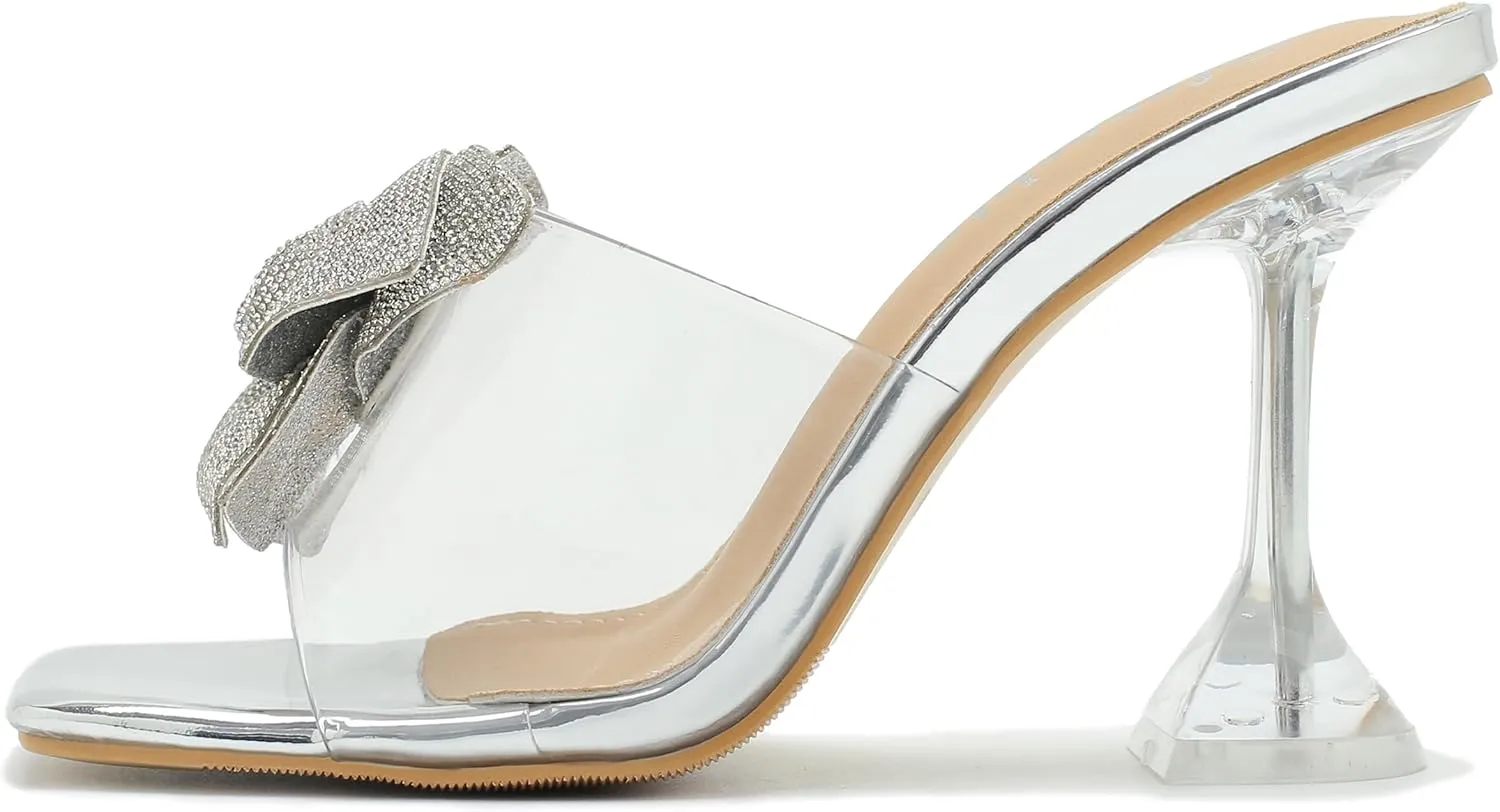 fereshte Women's Crystal Flower Heels Square Toe Heeled Mule Stiletto Dress Party Wedding Sandals
