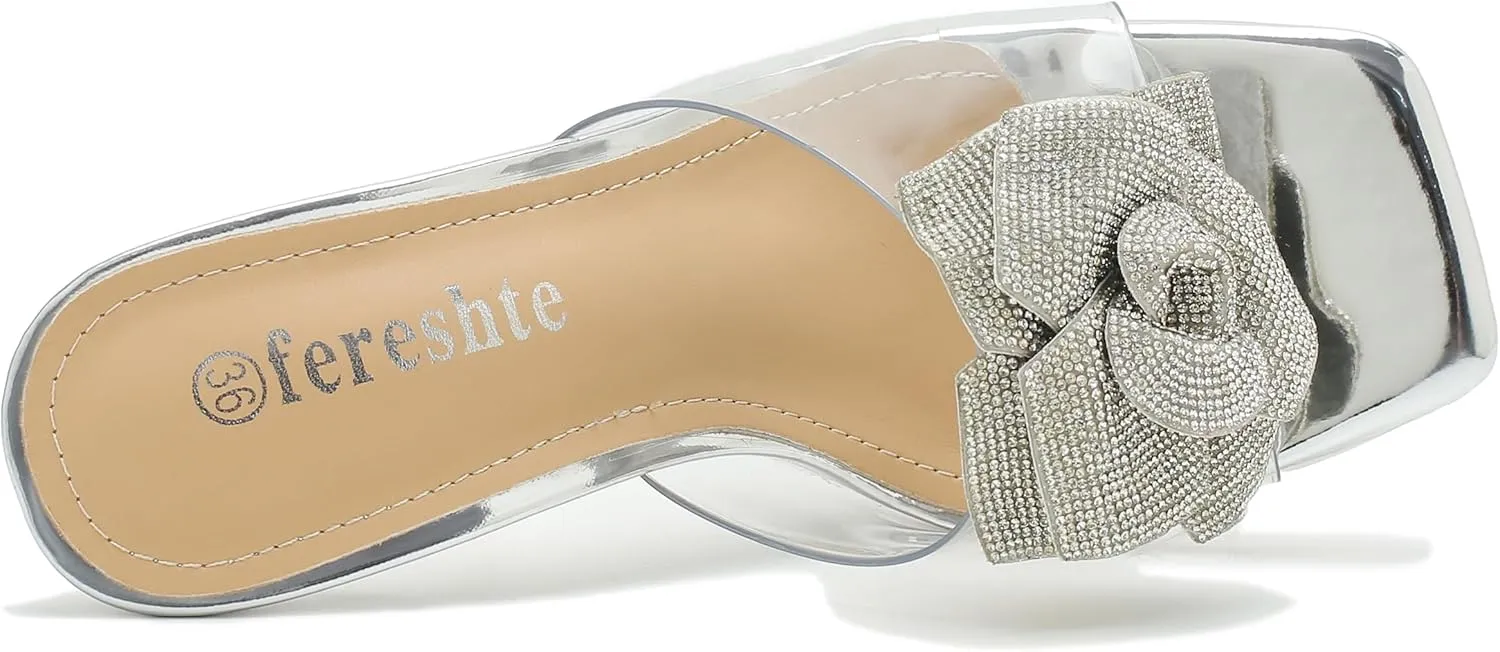 fereshte Women's Crystal Flower Heels Square Toe Heeled Mule Stiletto Dress Party Wedding Sandals