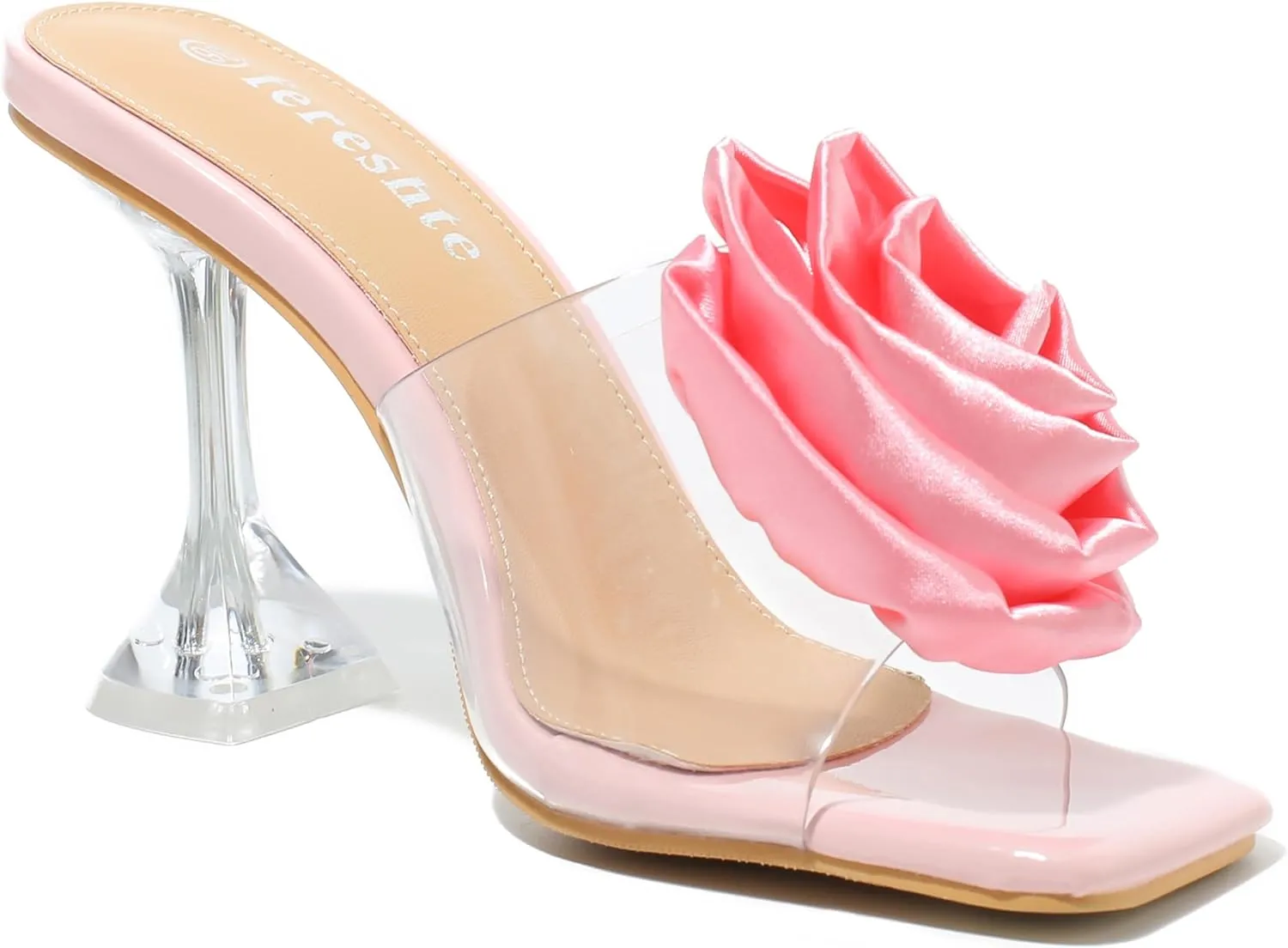 fereshte Women's Flower Heels Satin Rose Square Toe High Heeled Mule Dress Party Wedding Sandals