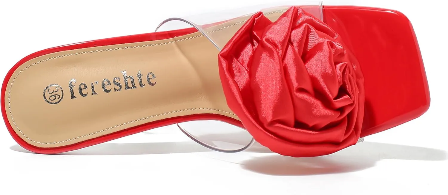 fereshte Women's Flower Heels Satin Rose Square Toe High Heeled Mule Dress Party Wedding Sandals