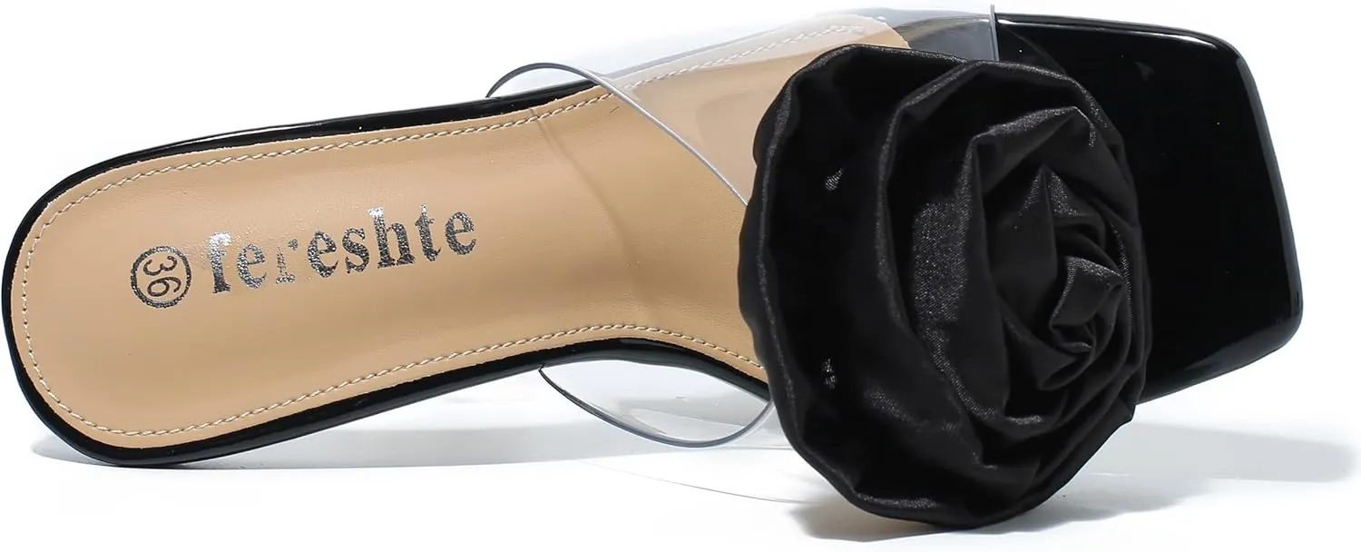 fereshte Women's Flower Heels Satin Rose Square Toe High Heeled Mule Dress Party Wedding Sandals