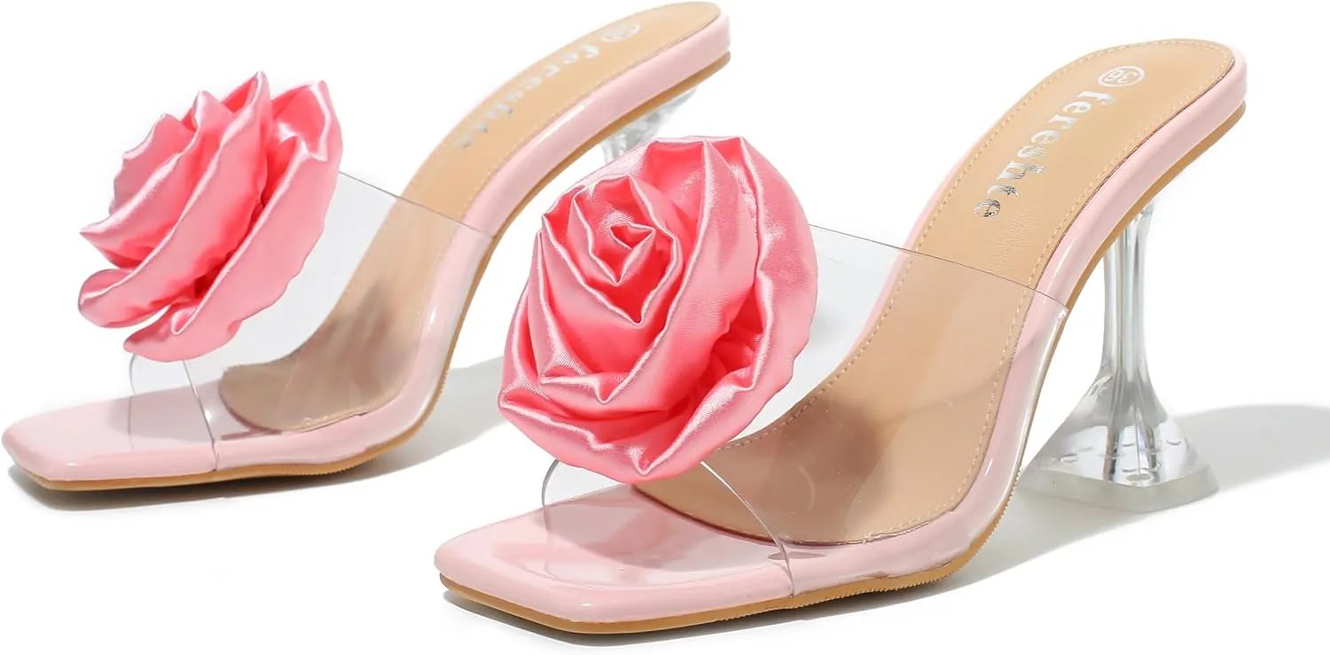 fereshte Women's Flower Heels Satin Rose Square Toe High Heeled Mule Dress Party Wedding Sandals