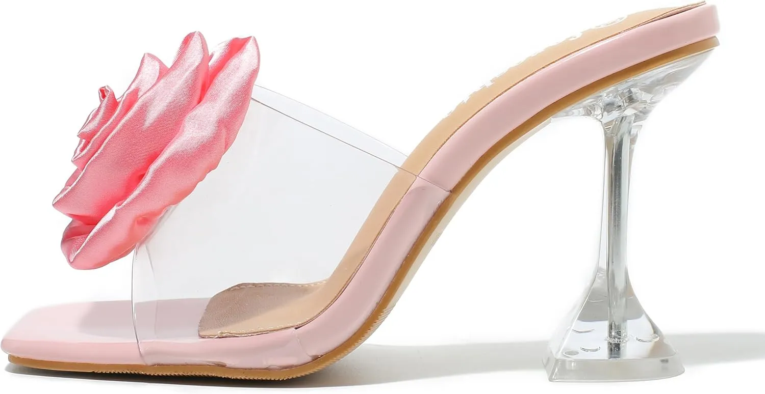 fereshte Women's Flower Heels Satin Rose Square Toe High Heeled Mule Dress Party Wedding Sandals