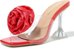 fereshte Women's Flower Heels Satin Rose Square Toe High Heeled Mule Dress Party Wedding Sandals