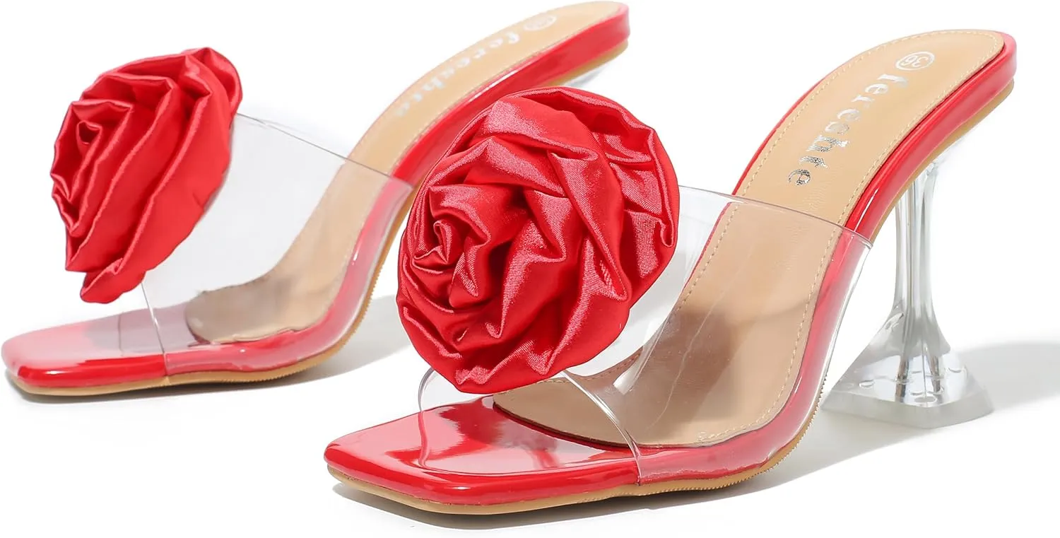 fereshte Women's Flower Heels Satin Rose Square Toe High Heeled Mule Dress Party Wedding Sandals