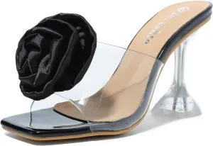 fereshte Women's Flower Heels Satin Rose Square Toe High Heeled Mule Dress Party Wedding Sandals