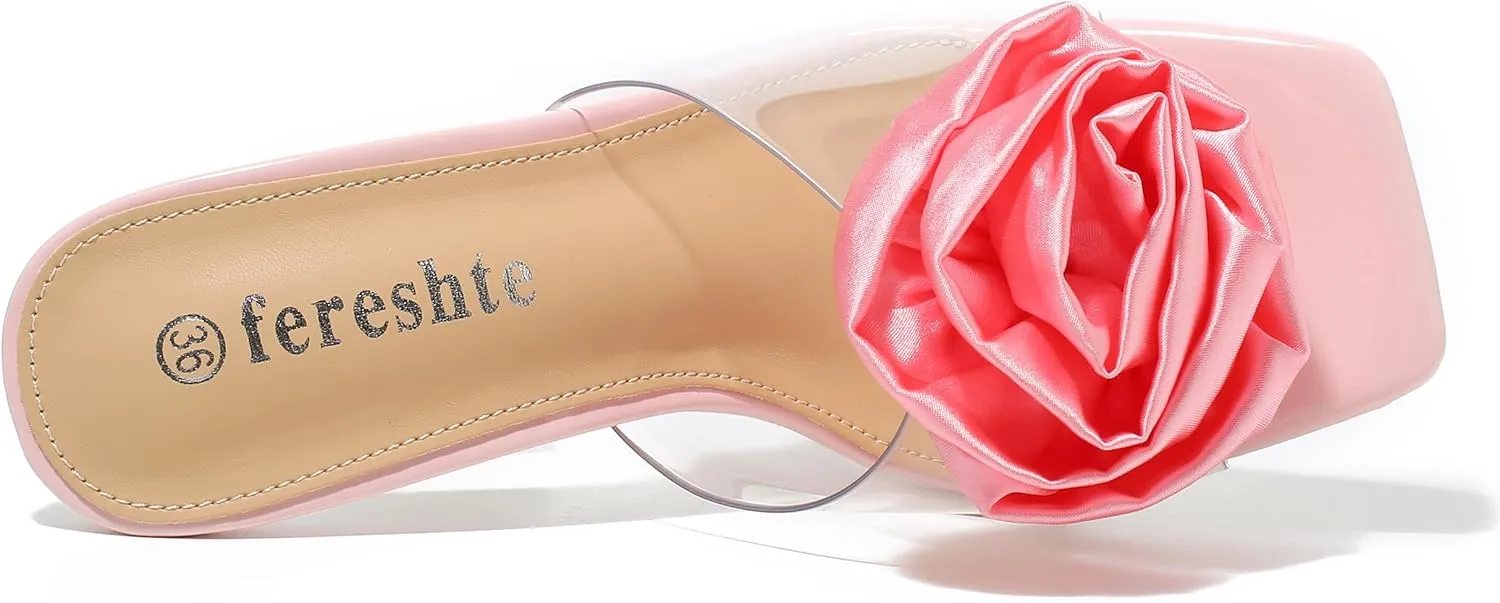 fereshte Women's Flower Heels Satin Rose Square Toe High Heeled Mule Dress Party Wedding Sandals