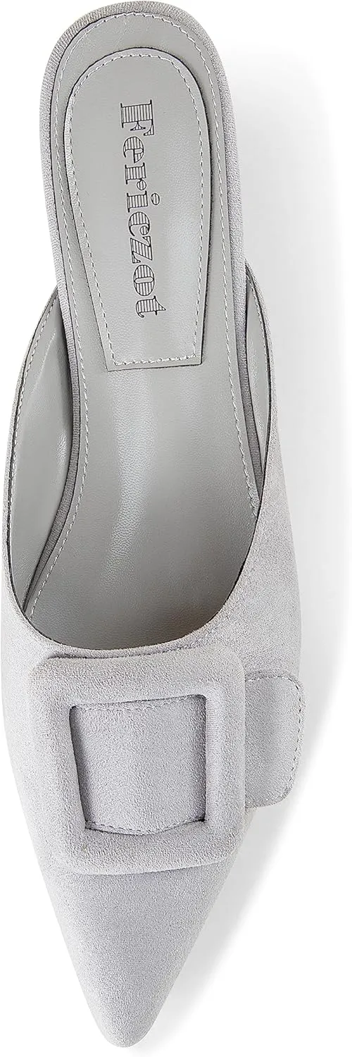 Fericzot Mule Slippers for Women,Slingback Buckle Flat Pointed Toe Backless Mule Slides Suede Slip On Loafers