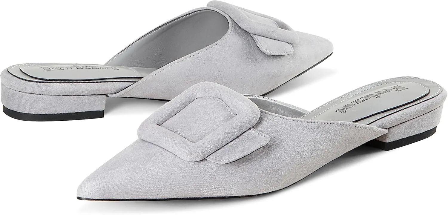 Fericzot Mule Slippers for Women,Slingback Buckle Flat Pointed Toe Backless Mule Slides Suede Slip On Loafers
