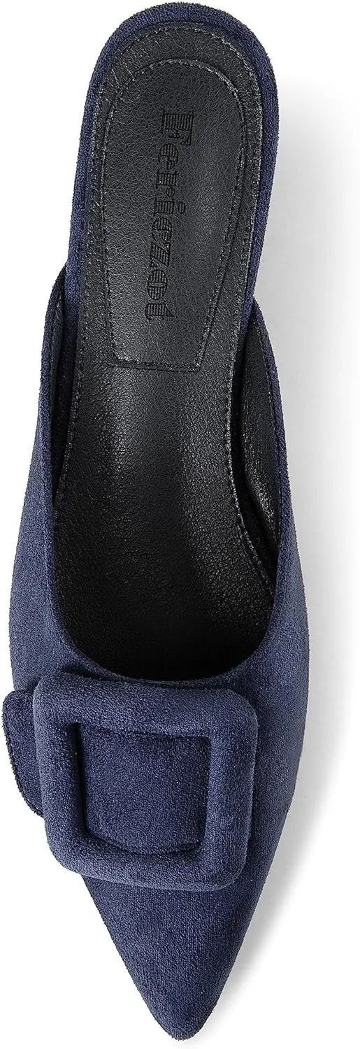 Fericzot Mule Slippers for Women,Slingback Buckle Flat Pointed Toe Backless Mule Slides Suede Slip On Loafers