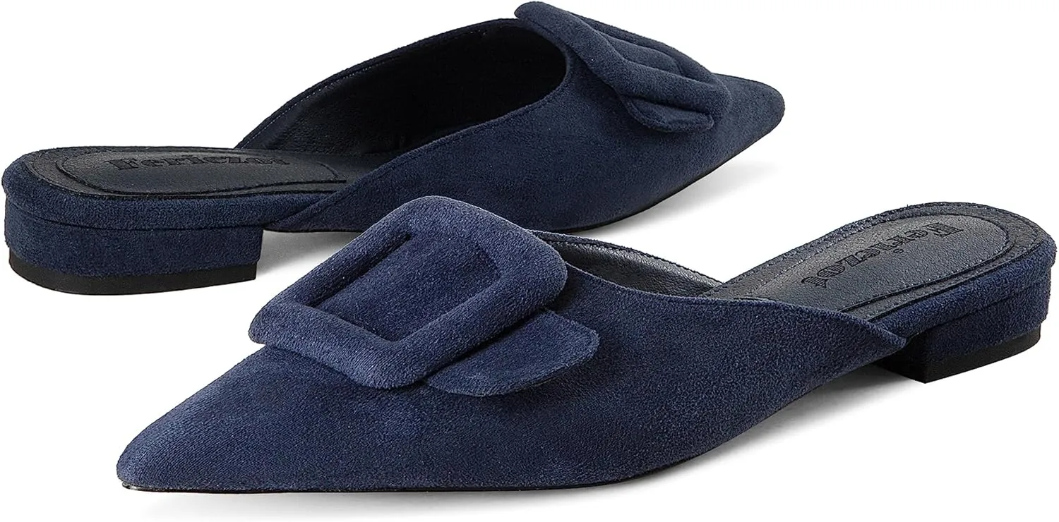 Fericzot Mule Slippers for Women,Slingback Buckle Flat Pointed Toe Backless Mule Slides Suede Slip On Loafers