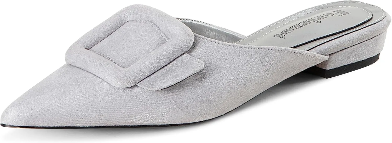Fericzot Mule Slippers for Women,Slingback Buckle Flat Pointed Toe Backless Mule Slides Suede Slip On Loafers