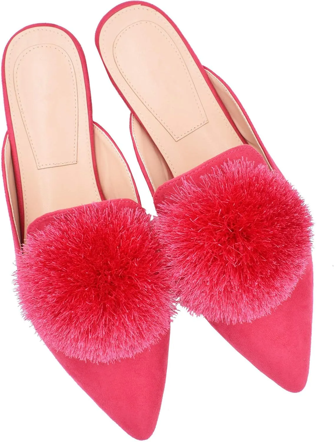 Fericzot Slip On Mule Backless Loafers Flats Puff Pompom Pointed Toe Casual Shoes Slippers