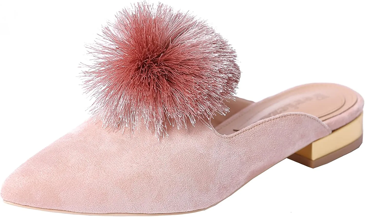 Fericzot Slip On Mule Backless Loafers Flats Puff Pompom Pointed Toe Casual Shoes Slippers