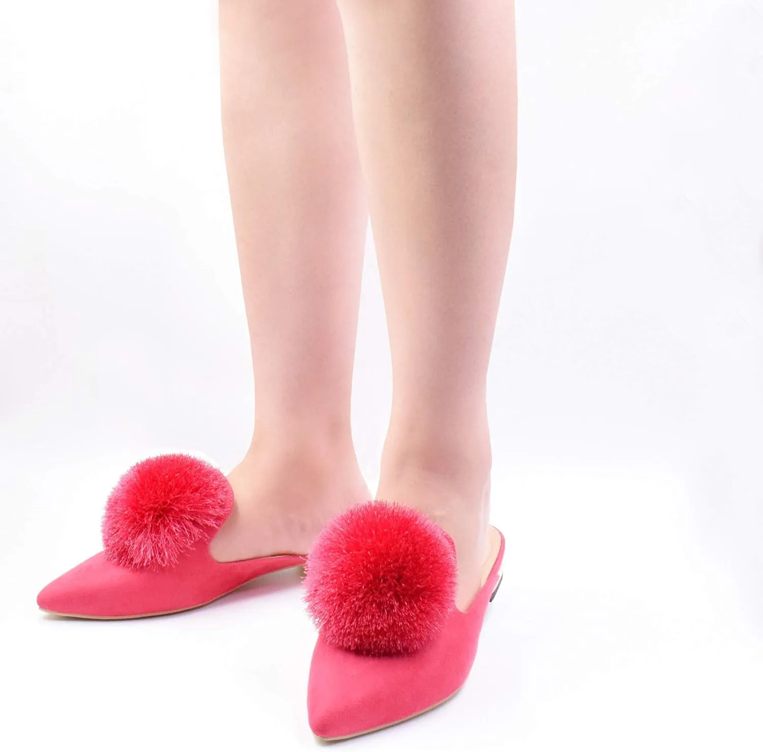 Fericzot Slip On Mule Backless Loafers Flats Puff Pompom Pointed Toe Casual Shoes Slippers
