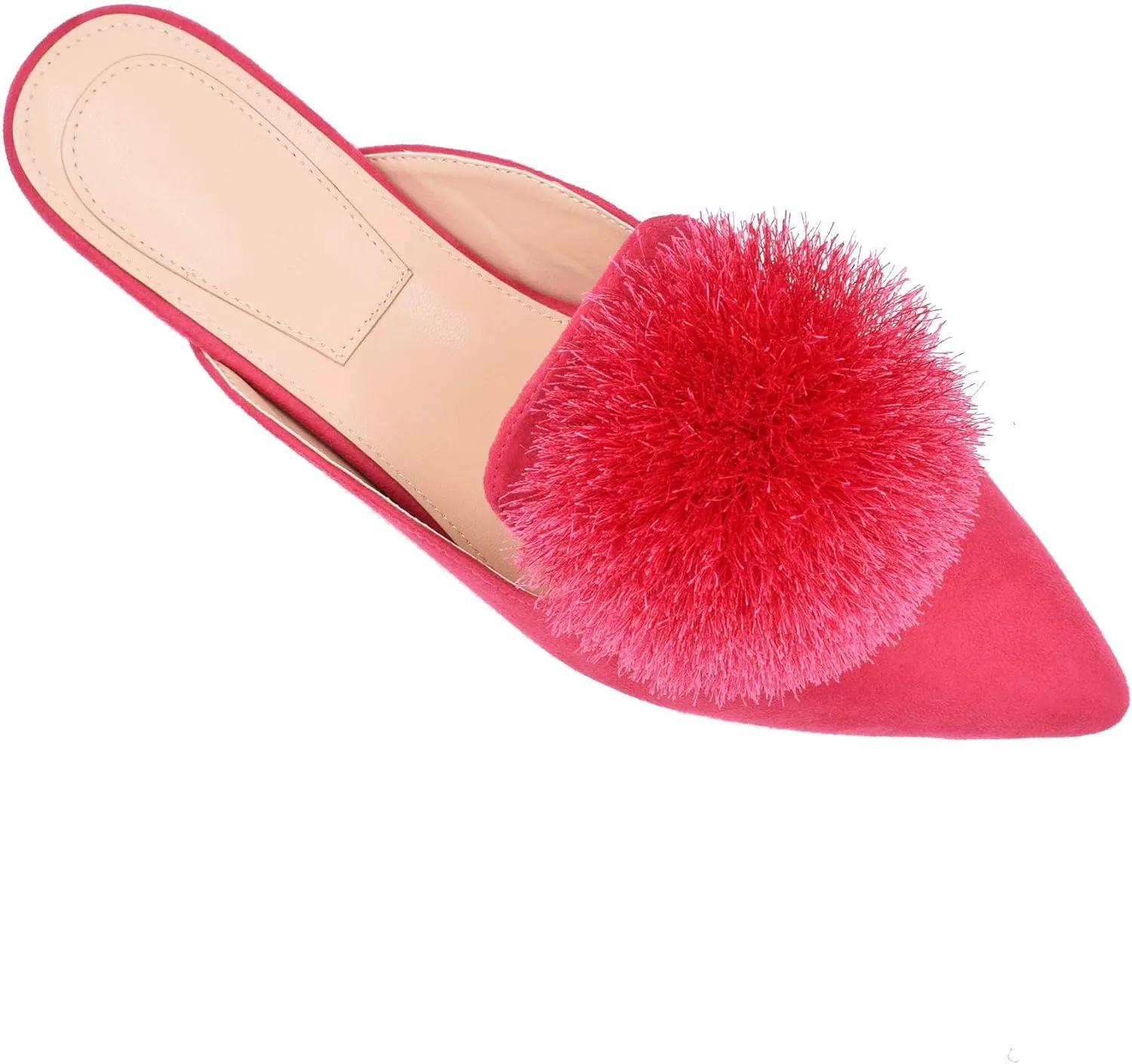 Fericzot Slip On Mule Backless Loafers Flats Puff Pompom Pointed Toe Casual Shoes Slippers
