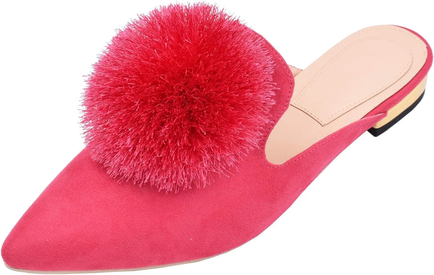 Fericzot Slip On Mule Backless Loafers Flats Puff Pompom Pointed Toe Casual Shoes Slippers