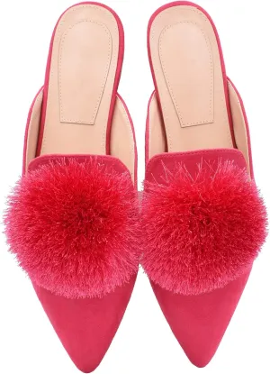 Fericzot Slip On Mule Backless Loafers Flats Puff Pompom Pointed Toe Casual Shoes Slippers