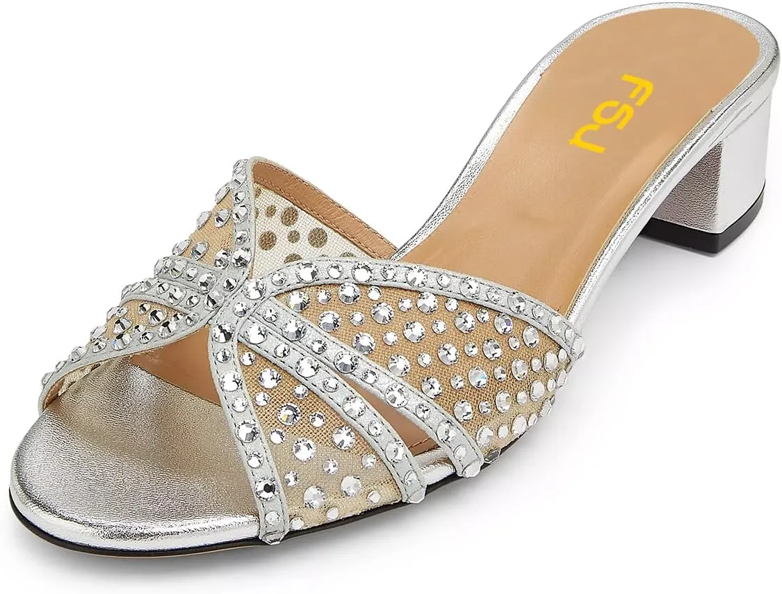 FSJ Women Low Block Heeled Mules Open Toe Rhinestone Slide Sandals Mesh Sparkling Crystal Comfortable Vacation Shoes Size 4-16 US