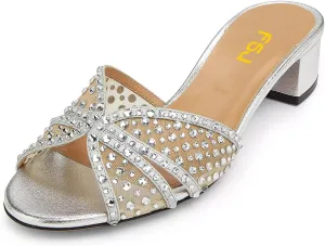 FSJ Women Low Block Heeled Mules Open Toe Rhinestone Slide Sandals Mesh Sparkling Crystal Comfortable Vacation Shoes Size 4-16 US