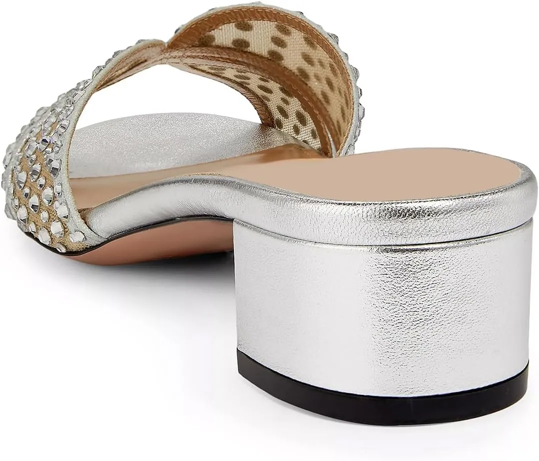 FSJ Women Low Block Heeled Mules Open Toe Rhinestone Slide Sandals Mesh Sparkling Crystal Comfortable Vacation Shoes Size 4-16 US