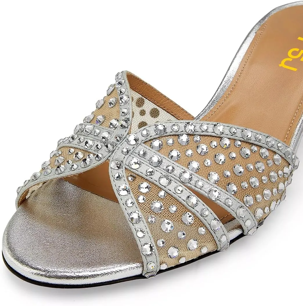 FSJ Women Low Block Heeled Mules Open Toe Rhinestone Slide Sandals Mesh Sparkling Crystal Comfortable Vacation Shoes Size 4-16 US