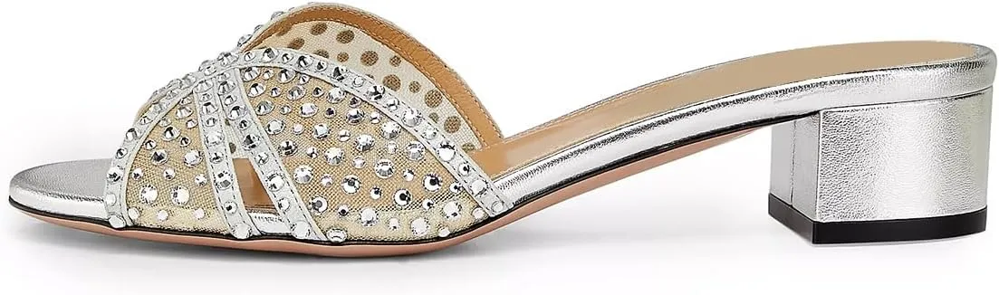FSJ Women Low Block Heeled Mules Open Toe Rhinestone Slide Sandals Mesh Sparkling Crystal Comfortable Vacation Shoes Size 4-16 US